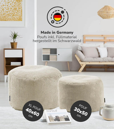 mokebo® Pouf, Hocker o. Sitzhocker aus Cord 30x50 cm 'Der Faule Lenz', Bodenkissen in Beige, Fusshoc