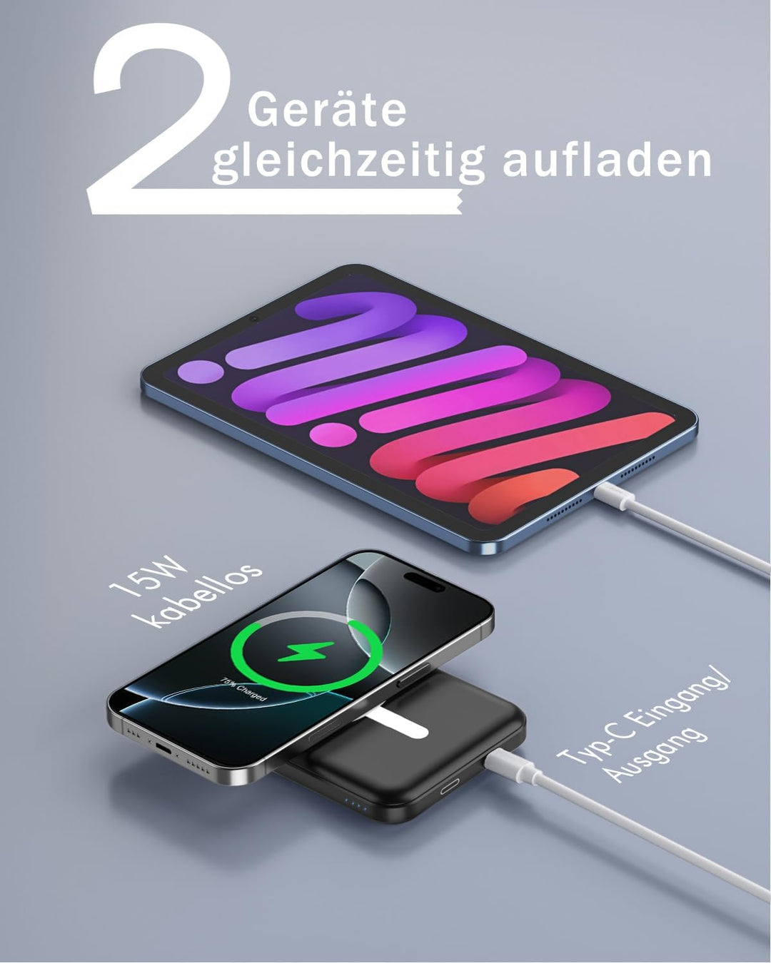 Podoru for Magsafe Powerbank iPhone 5000mAh,Powerbank mag-Safe mit Typ-C Kabel,Power Bank Magnetisch