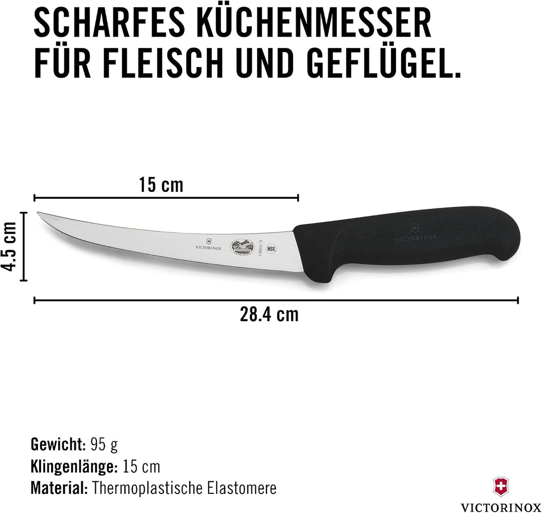 Victorinox Fibrox Ausbeinmesser, Scharfes Küchenmesser für Fleisch und Geflügel, 15 cm, Gebogene Kli