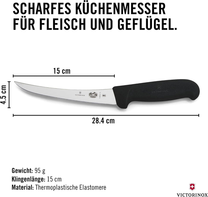 Victorinox Fibrox Ausbeinmesser, Scharfes Küchenmesser für Fleisch und Geflügel, 15 cm, Gebogene Kli
