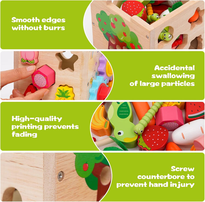 5 in 1Montessori Motorikwürfel,Activity Cube,Steckwürfel enthalten Formen zuordnen, Karotten ernten,