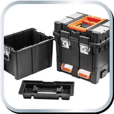 NEO TOOLS Werkzeugkoffer auf Rädern, mobile Werkstatt 40x40x70,5 cm, vier Organizer, vier Ergoboxen