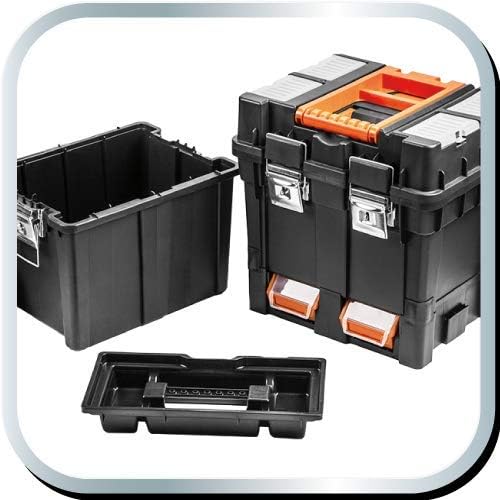 NEO TOOLS Werkzeugkoffer auf Rädern, mobile Werkstatt 40x40x70,5 cm, vier Organizer, vier Ergoboxen