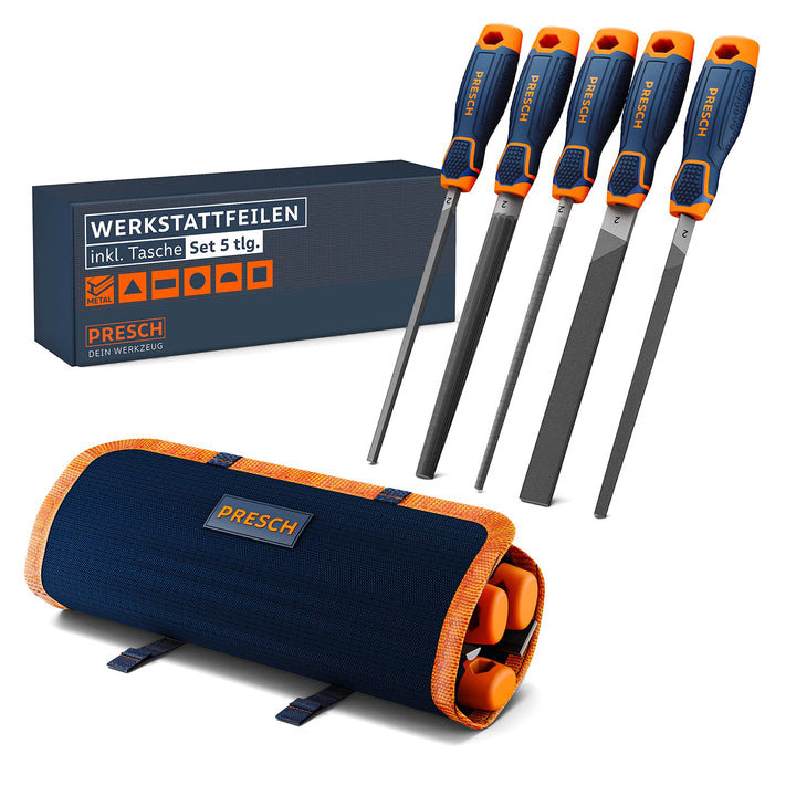 Presch Werkstattfeilen Set 5tlg. inkl Rolltasche - Hochwertiges Metallfeilen Set mit Hieb 2 inkl. Fl