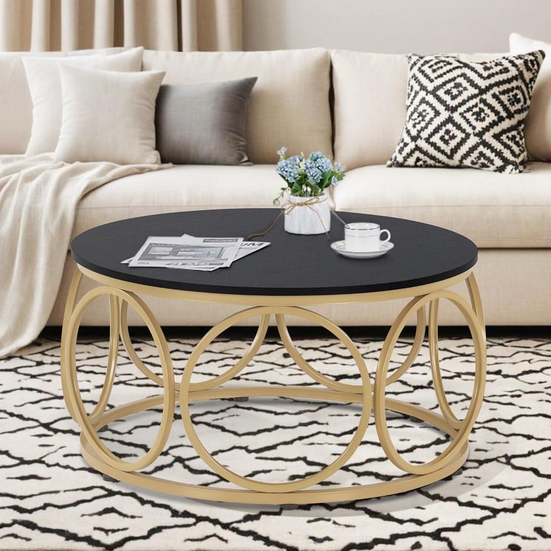 M MCombo Couchtisch Rund Holz, Modern Sofatisch Schwarz-Gold, Klein Kaffeetisch Metallgestell, Beist