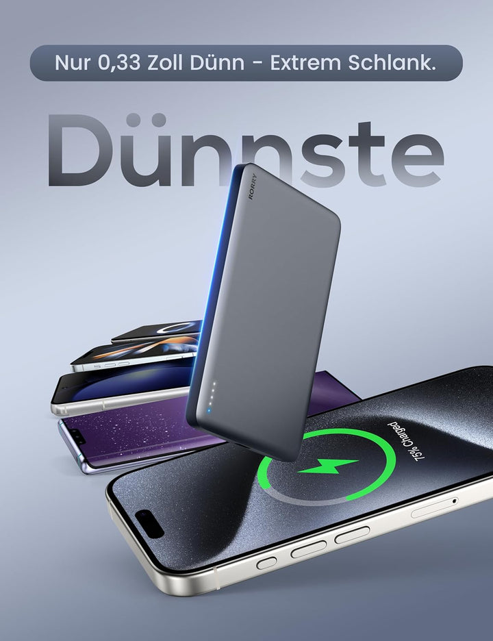 RORRY Power Bank für Magsafe, 5000mAh PD 18W 8.6mm Tragbares Magnetisch Powerbank, Externe Handy Akk