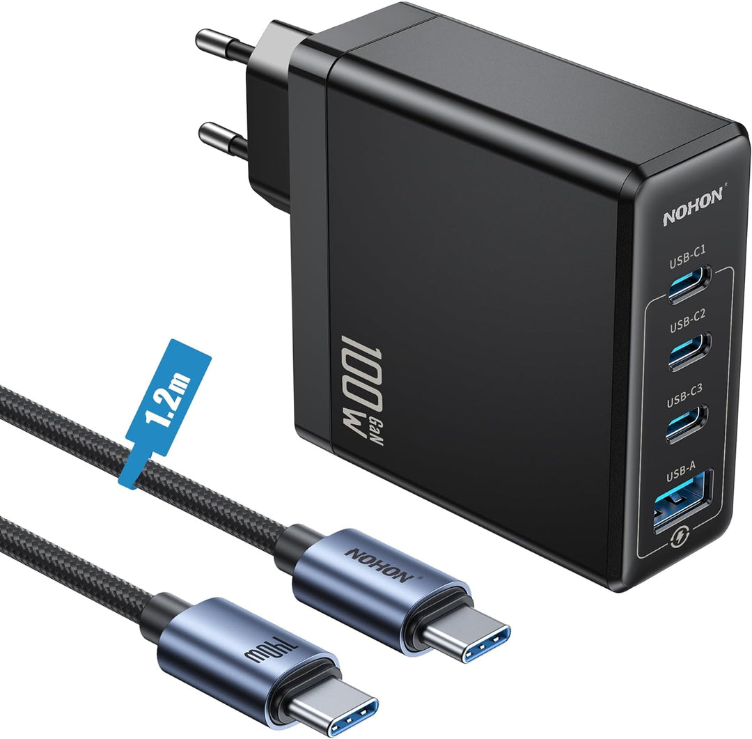 NOHON USB-C Ladegerät Fast Netzteil: 100W GaN Handy 3-Port Schnellladegerät PD3.0 mit 140W Typ-C 1.2
