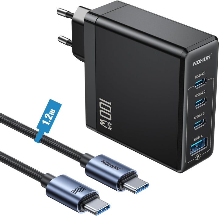 NOHON USB-C Ladegerät Fast Netzteil: 100W GaN Handy 3-Port Schnellladegerät PD3.0 mit 140W Typ-C 1.2