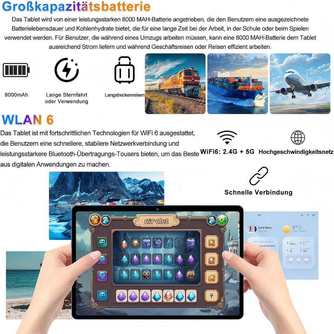 Android 14 Tablet 10 Zoll 22GB RAM+128GB ROM Octa-Core Tablet 5G WiFi, Mit Tastatur Maus, 8000mAh, (