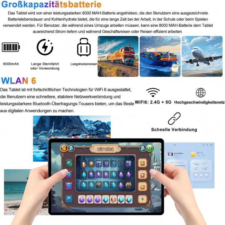 Android 14 Tablet 10 Zoll 22GB RAM+128GB ROM Octa-Core Tablet 5G WiFi, Mit Tastatur Maus, 8000mAh, (