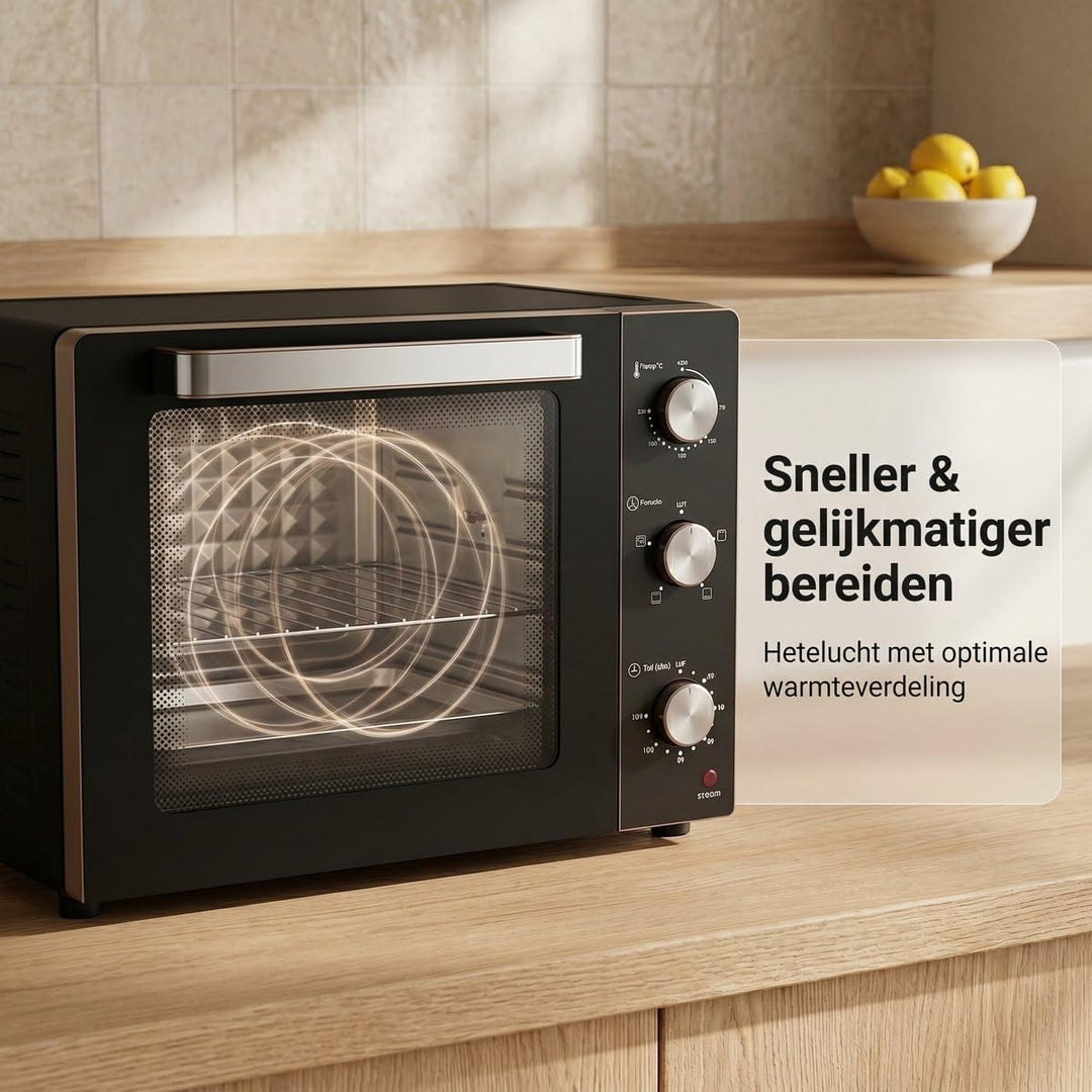 Lugia Freistehender Backofen 55L – 1900W Mini Ofen mit Umluft & Drehspiess – 70–230°C – 120 Min Time