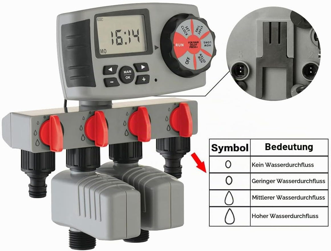 Aqualin Bewässerungscomputer 4-Auslässe Bewässerungssystem Automatische Bewässerungsuhr inkl. 1 X 4-