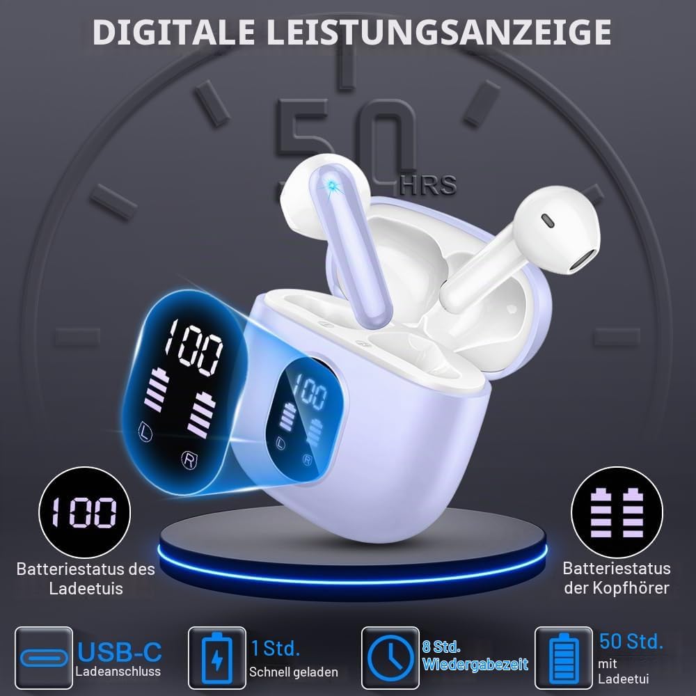 Bluetooth Kopfhörer, Kopfhörer Kabellos Bluetooth 5.3 In Ear kopfhörer bluetooth mit 4 Mic, 50H Kabe