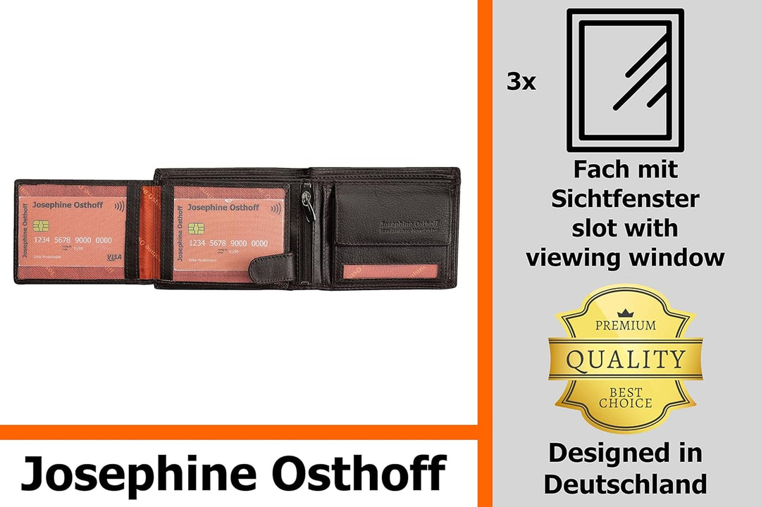 Josephine Osthoff Geldbörse Herren klassisch Querformat, Tri-Fold, Münzfach, Kartenfächer mit RFID,