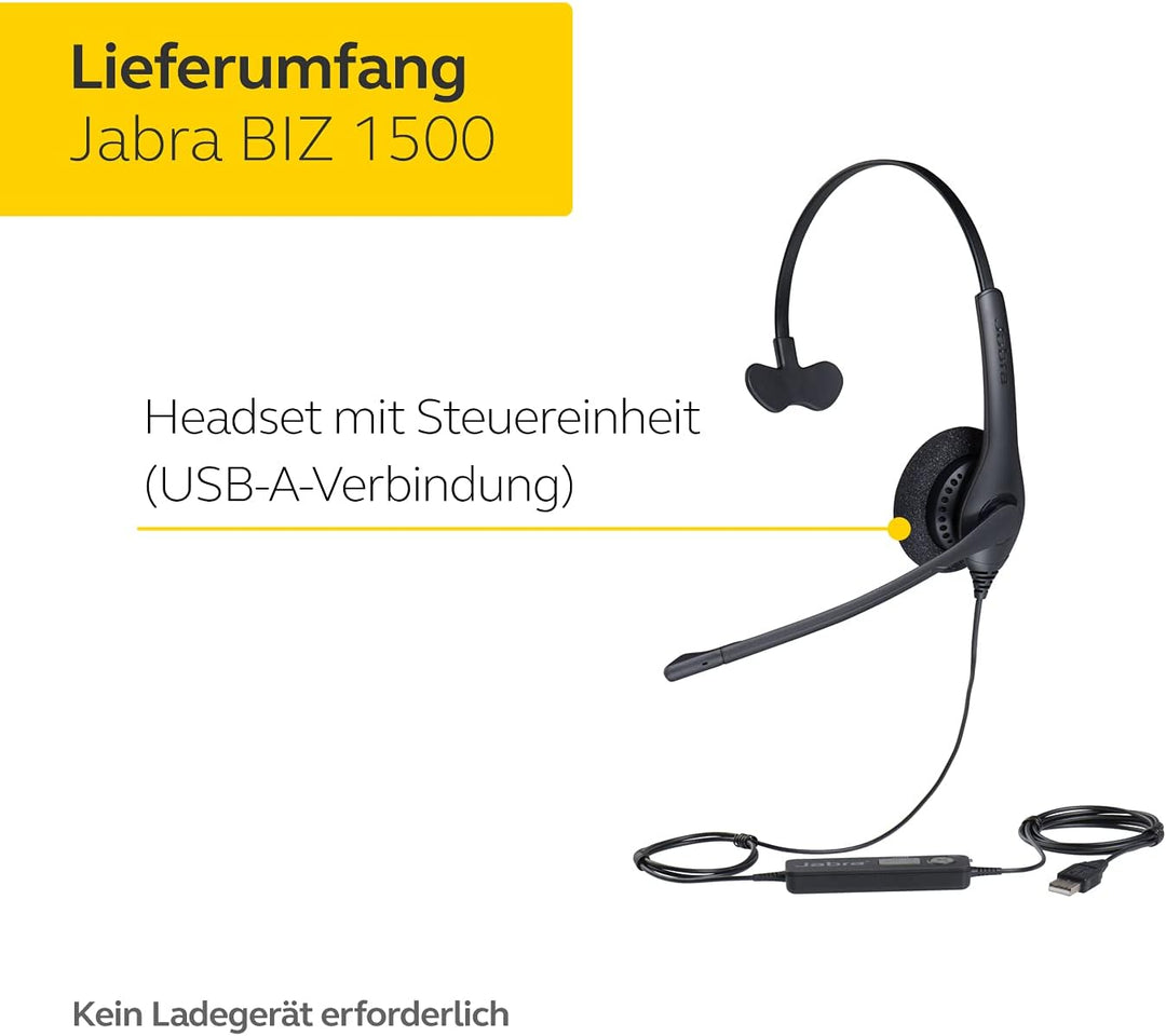 Jabra Biz 1500 USB-A On-Ear Mono Headset - Kabel-Kopfhörer mit geräuschunterdrückendem Mikrofon, Bed