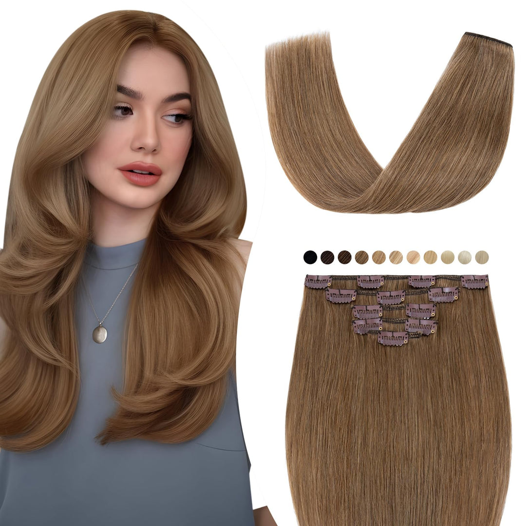 Elailite Clip in Extensions Echthaar, 5 Tressen Haarverlängerung Hellbraun mit 12 Clips, 50cm-70g Gl