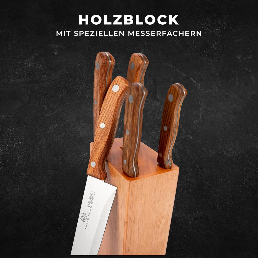 Messerblock mit Messer-Set - 6 teilig, Küchenmesser Set Edelstahl ink. Kochmesser, Brotmesser, Schäl