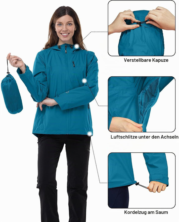 Outdoor Ventures Damen Regenjacke 10000MM Wasserdicht Leichte Gefüttert Packbar Sportjacke Funktions