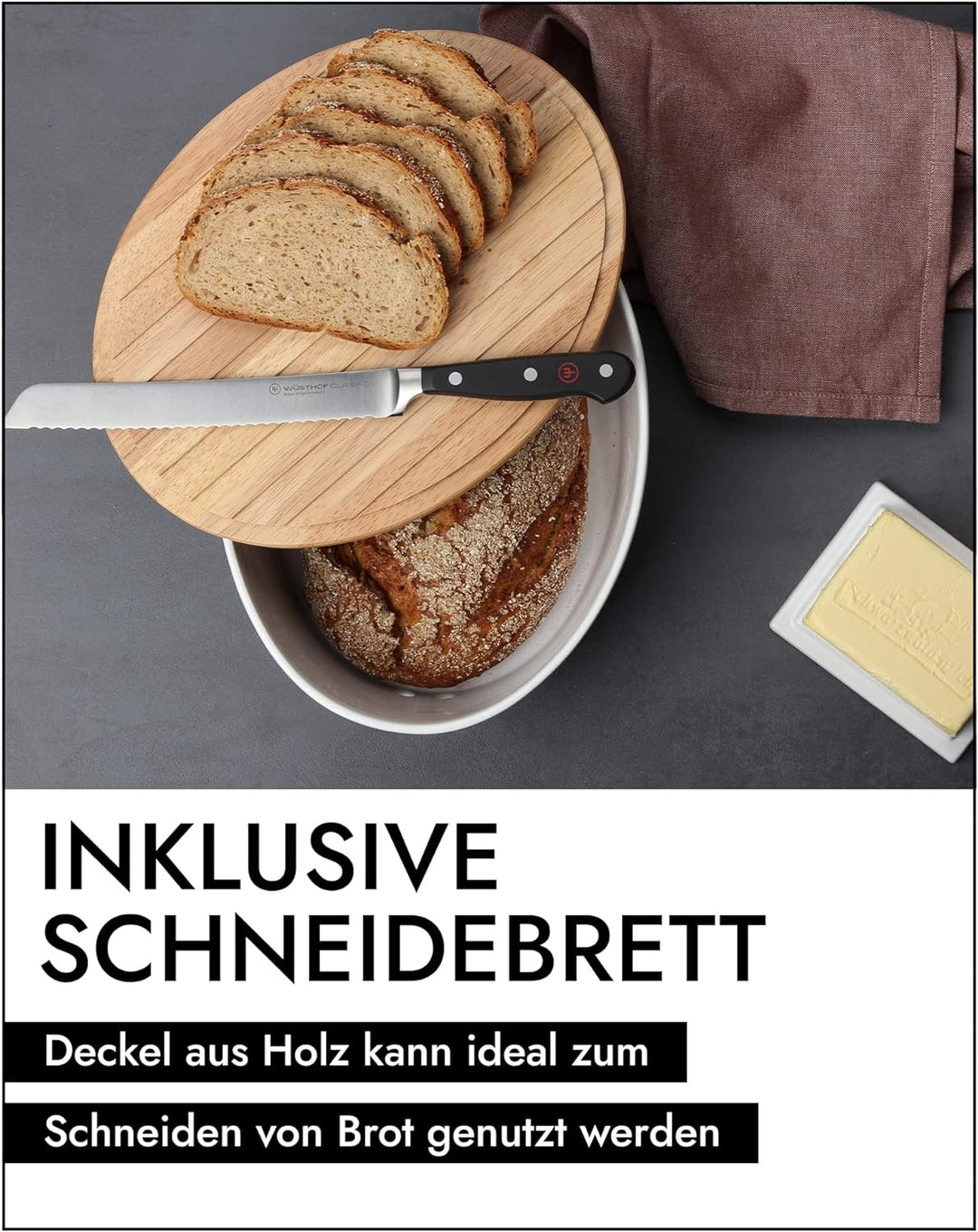 Continenta Brottopf oval mit Holzdeckel, 36 x 23 x 13,5 cm 36 x 23 x 13,5 centimeters Weiss, 36 x 23
