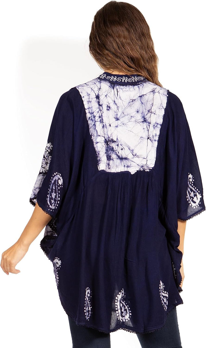 Sakkas Amori V-Ausschnitt Stickerei Poncho Top/vertuschen Einheitsgrösse Marine / Weiss, Einheitsgrö