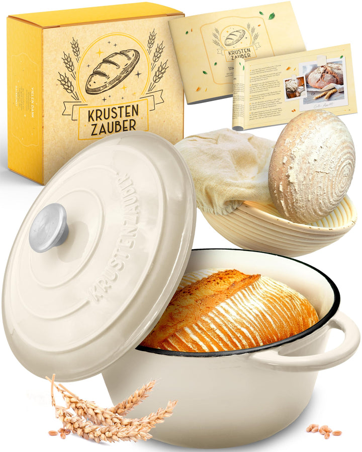 KRUSTENZAUBER Gusseisen Topf Brot backen emailliert inkl. Gärkorb - 26cm Emaille-Topf samt Zubehör -