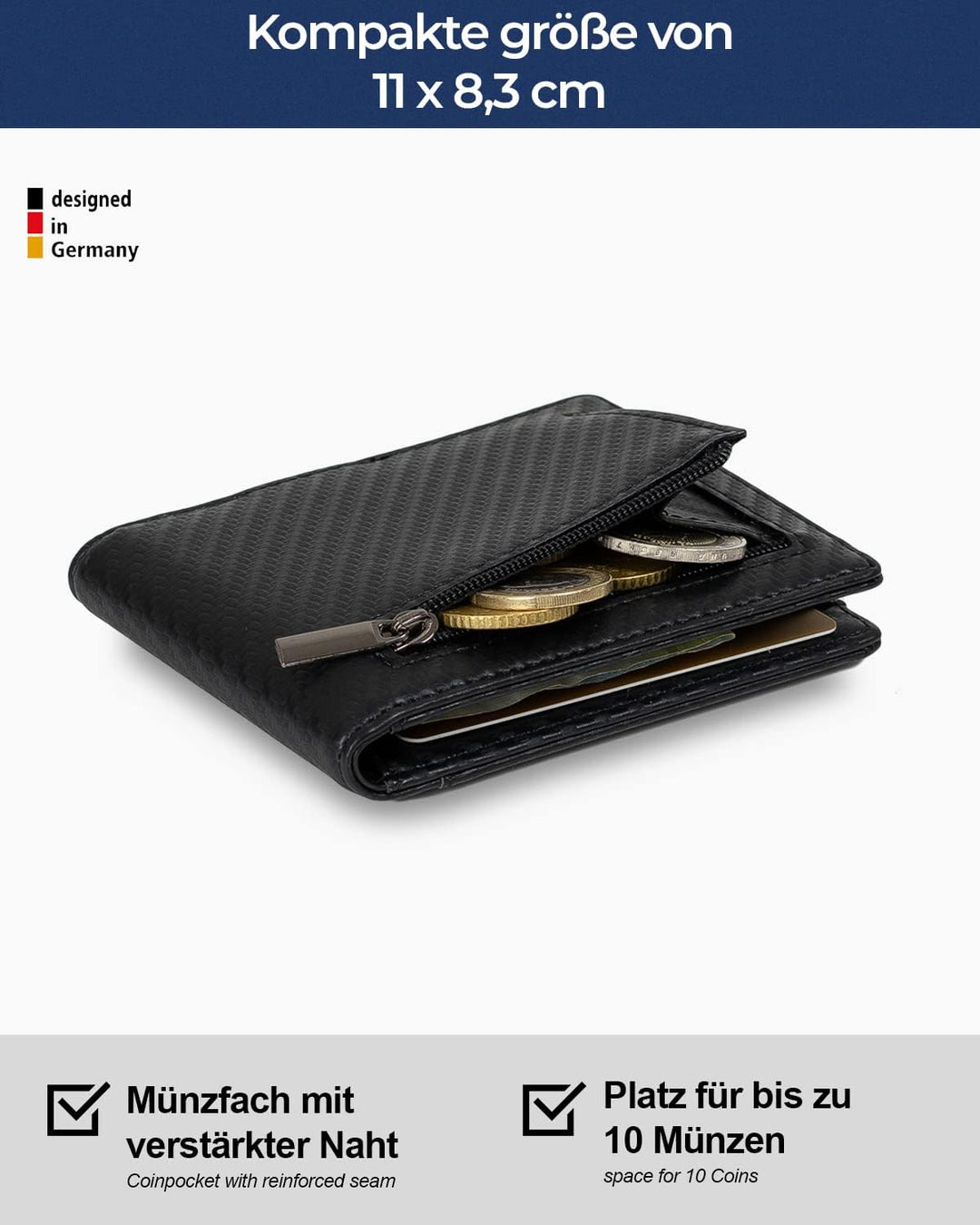 Lederhand® iSlim XL - Carbon Leder Geldbeutel mit Geldklammer und Münzfach, 13 Kartenfach + 1 Sichtf