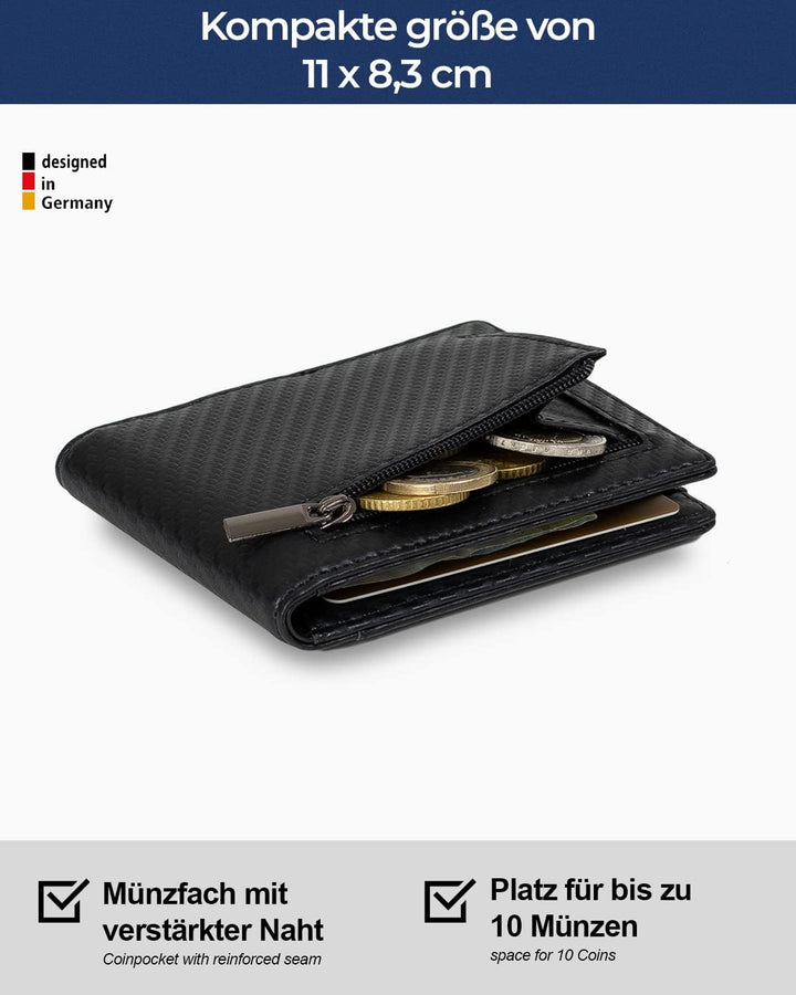 Lederhand® iSlim XL - Carbon Leder Geldbeutel mit Geldklammer und Münzfach, 13 Kartenfach + 1 Sichtf
