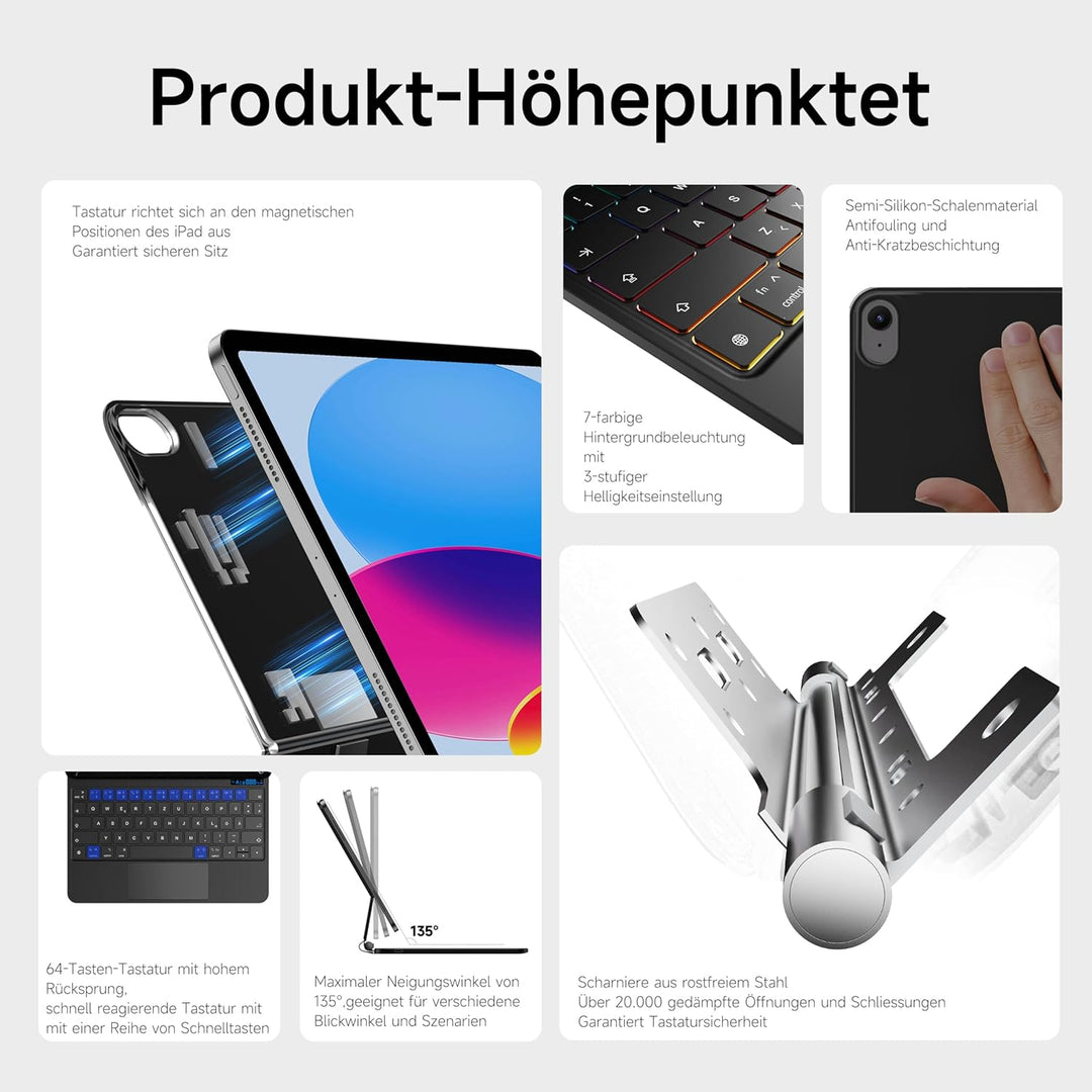 nimin Tastatur Hülle für iPad 10 Generation 10.9 2022 mit Trackpad, Magnetische Aufhängung Design, 7
