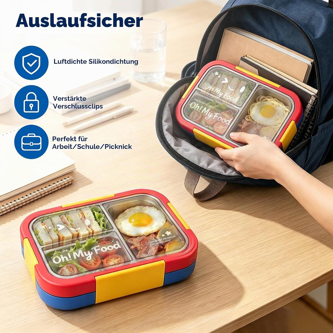 Edelstahl Brotdose Kinder,800ml Metall Bento Lunchbox mit 3 Fächern, Rot