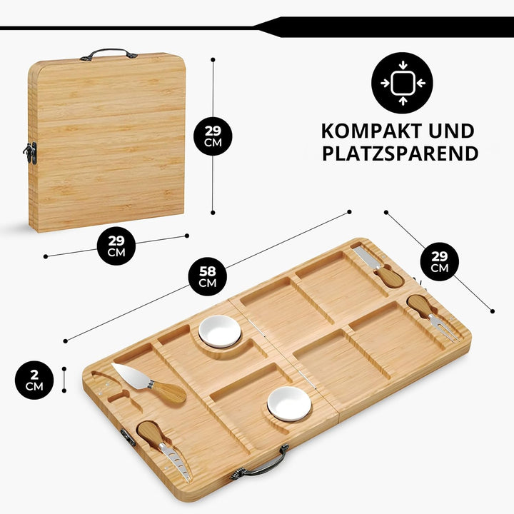 Käseplatte Bambus Set, Grosse Servierplatte mit 4 Käsemessern & 2 Schälchen, Klappbares Käsebrett &
