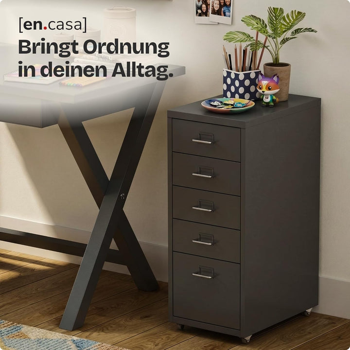 [en.casa] Rollcontainer Kökar Schubladenschrank Metall Aktenschrank mit 5 Schubladen Bürowagen mit R