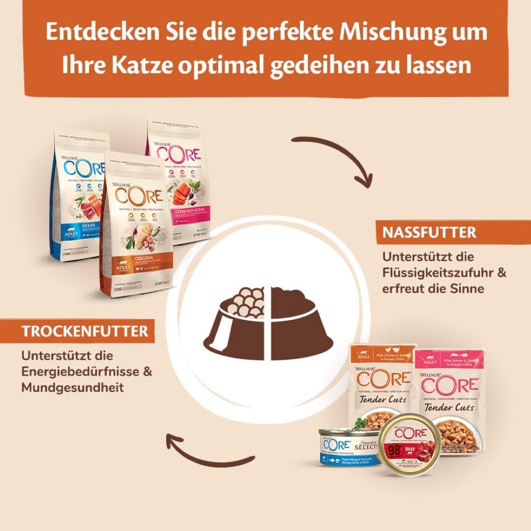 Wellness CORE Tender Cuts, Katzenfutter nass in Sauce, getreidefrei, hoher Fleischanteil, Lachs & Th