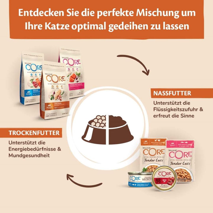 Wellness CORE Tender Cuts, Katzenfutter nass in Sauce, getreidefrei, hoher Fleischanteil, Lachs & Th