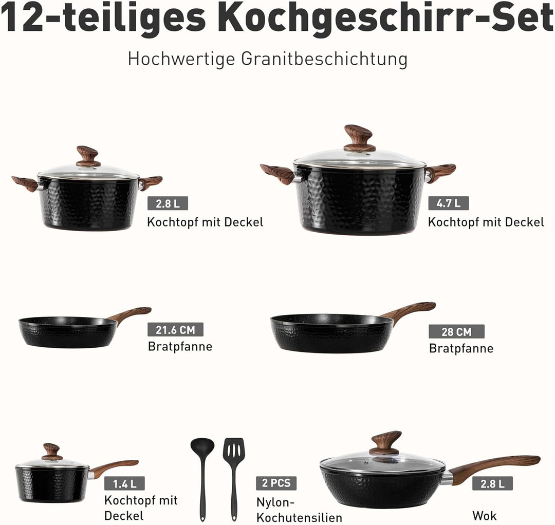 Kitchen Academy Topfset Antihaft mit Glasdeckeln Töpfe Set Pfannenset Granit Beschichteter Topf Indu