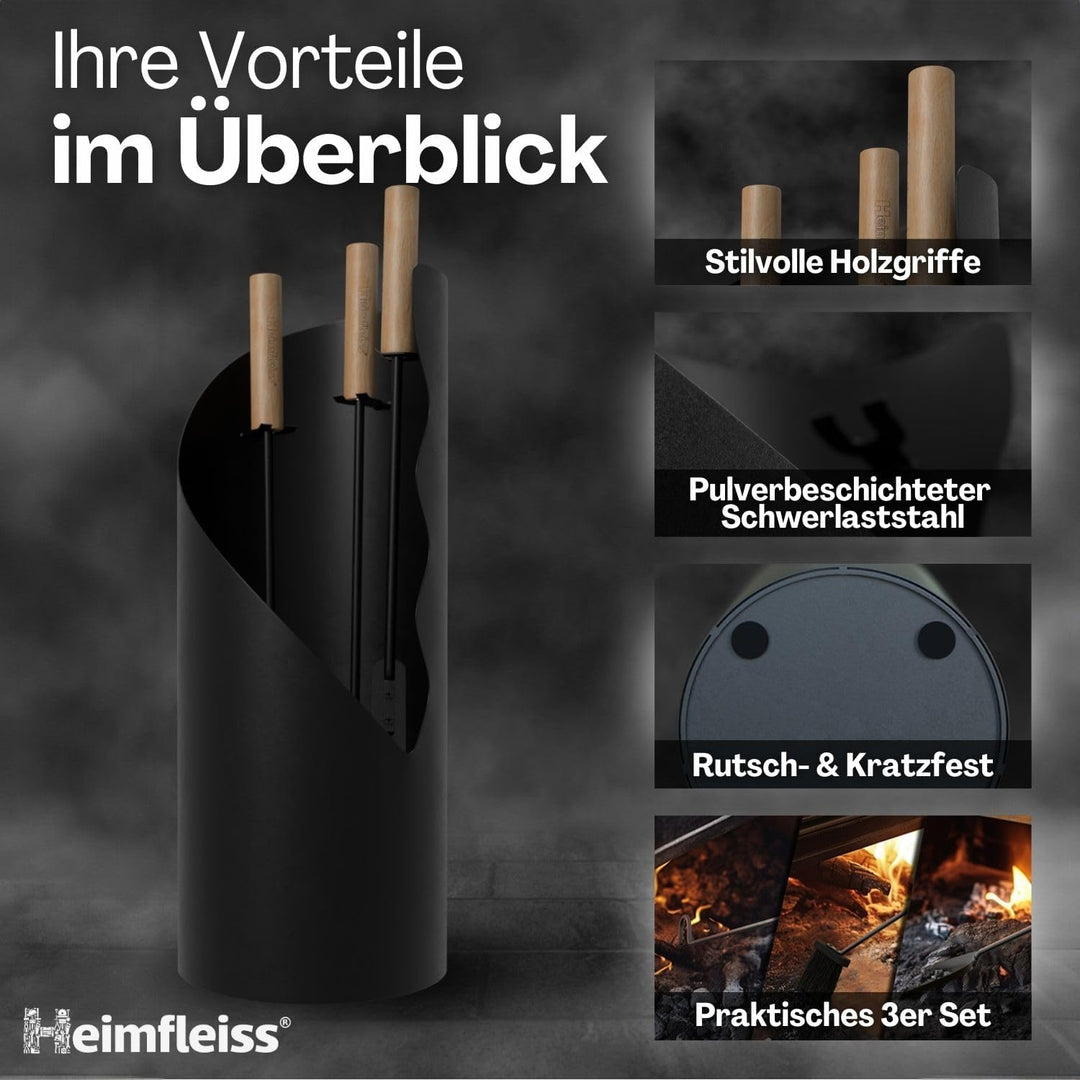 Kaminbesteck Schwarz Modern | Kaminzubehör mit Holzgriffen | Ofenbesteck Kaminbesteck Set | Hochwert