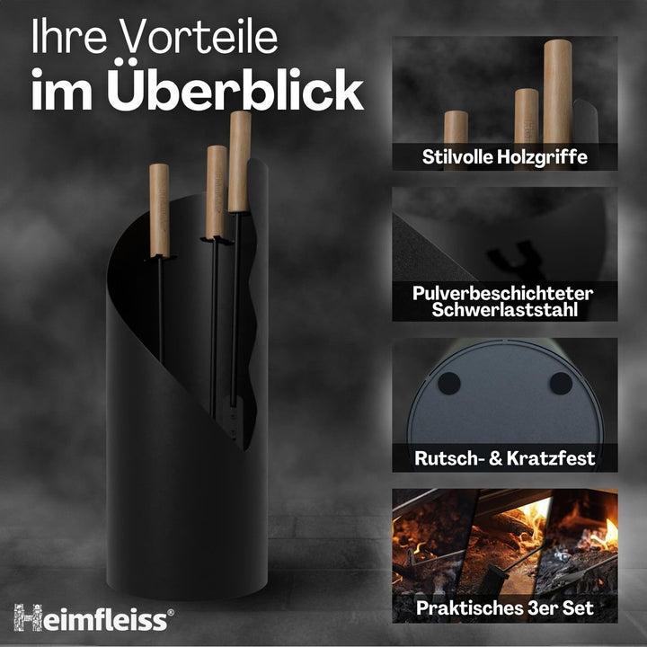 Kaminbesteck Schwarz Modern | Kaminzubehör mit Holzgriffen | Ofenbesteck Kaminbesteck Set | Hochwert