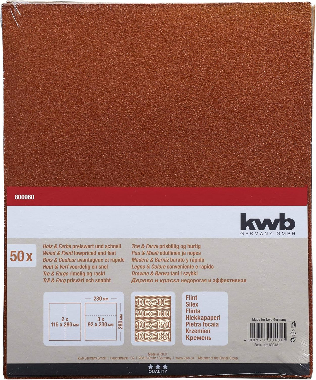 kwb Flint-Schleifpapierbogen 230x280 mm aus Quarzsand in den Körnungen 40, 100, 150, 180, guter Verl