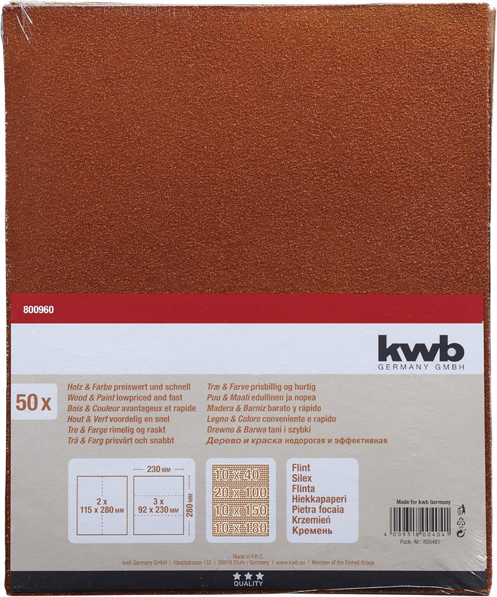 kwb Flint-Schleifpapierbogen 230x280 mm aus Quarzsand in den Körnungen 40, 100, 150, 180, guter Verl