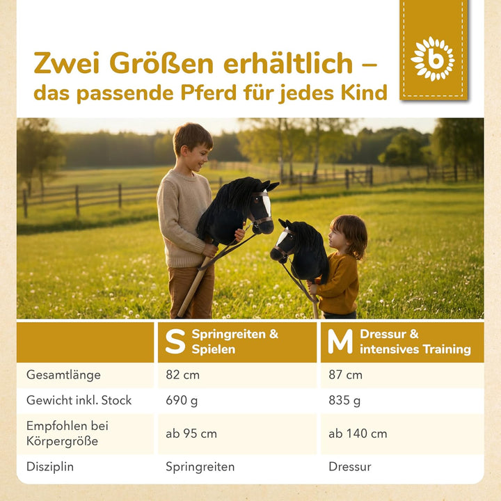 Bieco Hobby Horse Steckenpferd Rappe - Grösse S, mit Trense | Abnehmbarer Stock & Schweif, für Sprin