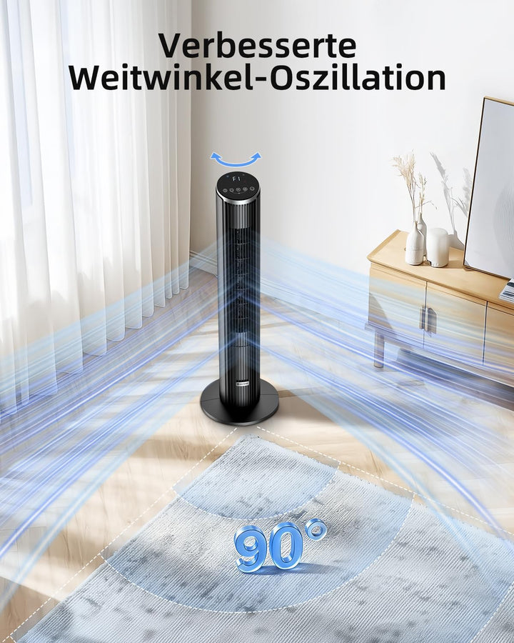 Leiser Turmventilator für Schlafzimmer, Standventilator mit Fernbedienung, 90° oszillierend, 4 Gesch
