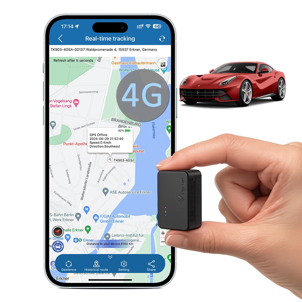 TKMARS Auto Mini GPS Tracker mit SIM, Echtzeit Ortung per APP, Magnetisch, 1500mAh Akku, GPS Sender