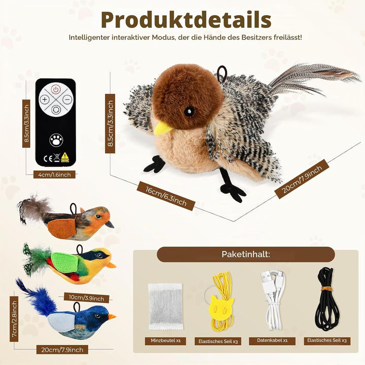 4 St Interaktives Katzenspielzeug Fliegender Vogel, Aufladbares Vogel Spielzeug Katze mit 3 Klein Vo