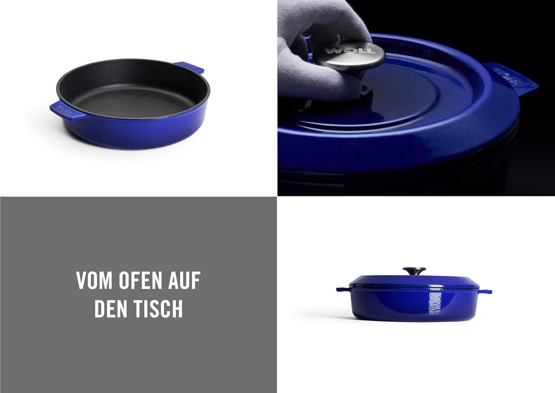 Woll 828CI-020 Iron Gusskasserolle mit Deckel 3,7 Liter + Silikongriffen Blau, Blau
