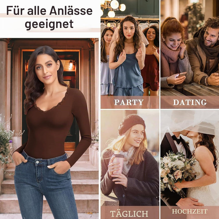 WOWENY Thermo Body Damen Langarm Elegant Langarmbody mit Spitze V-ausschnitt Fleece Bodysuit Warm Be