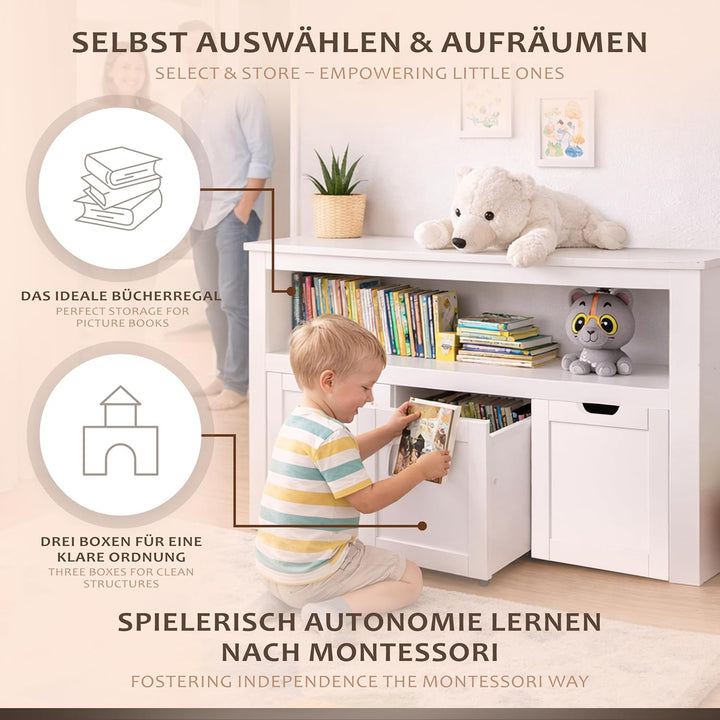 ONVAYA Sideboard mit Rollboxen - Praktisches Kinder Bücherregal und Kuscheltier Aufbewahrung - Moder