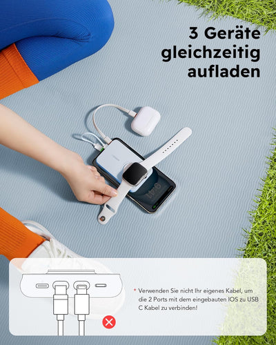 VEGER Mini Power Bank 20W PD, 10000mAh Powerbank mit Eingebautem Apple Kabel, mit Apple Watch Laden,