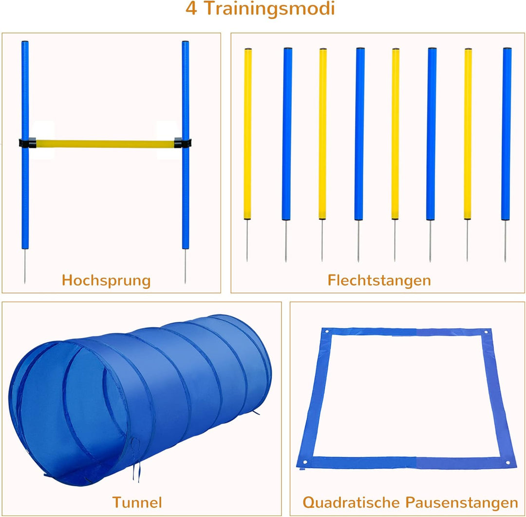 PawHut Agility-Übungs-Set Slalom-Hürden-Tunnel Hundesport Trainingsplatz PE+Polyester Blau+Gelb