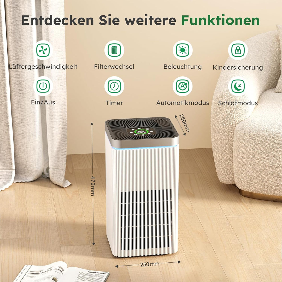 Luftreiniger Allergiker für 40㎡ (CADR 500m³/h) Air Purifier mit HEPA Luftfilter, Entfernt der schädl