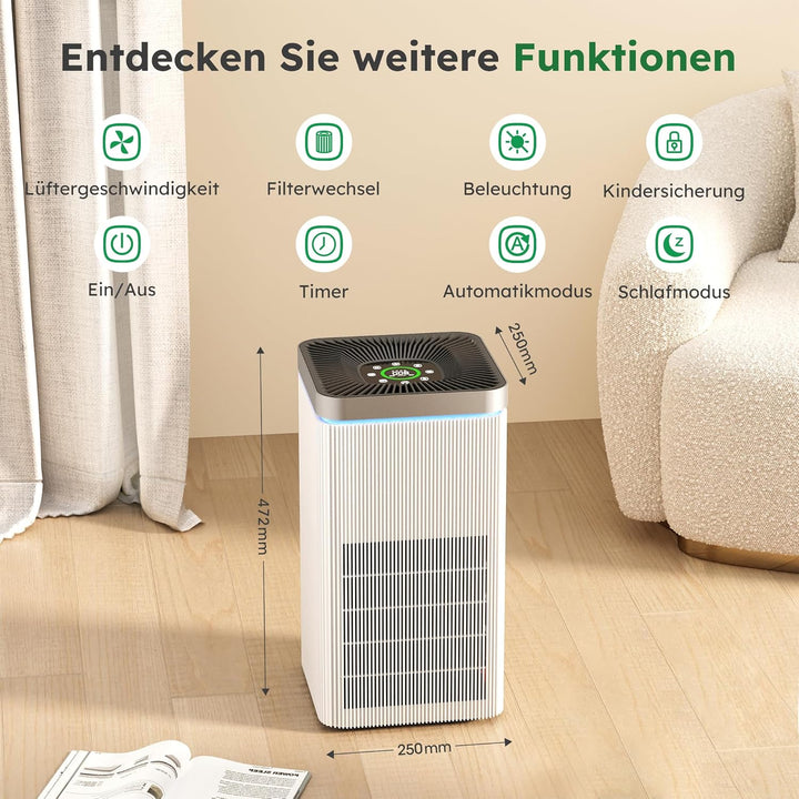 Luftreiniger Allergiker für 40㎡ (CADR 500m³/h) Air Purifier mit HEPA Luftfilter, Entfernt der schädl