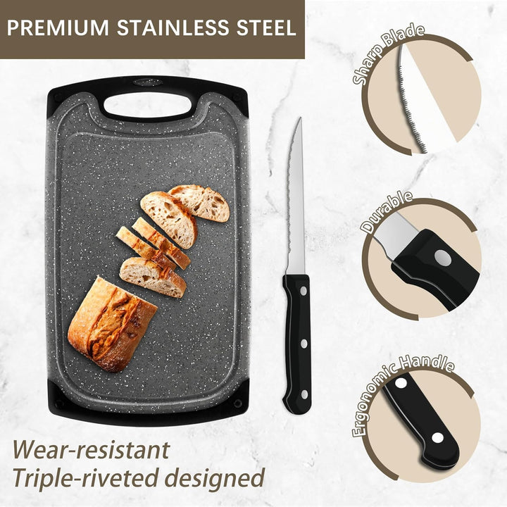Frühstücksbrettchen 6er Set mit 6er Steakmessern, 25x15cm Kleines Dunkelgrau Frühstücksbrettchen Kun